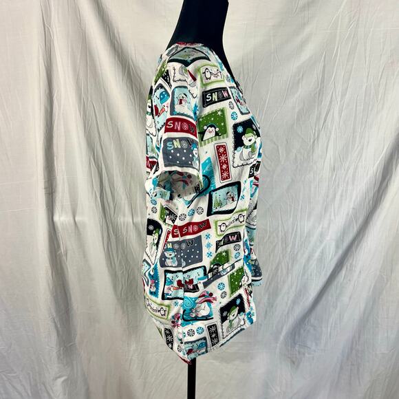 SB Scrubs Top Christmas Winter Snowman Unisex Medium Pockets Nursing Medical - Picture 5 of 9
